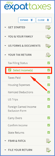 myexpattaxes select income form 1116