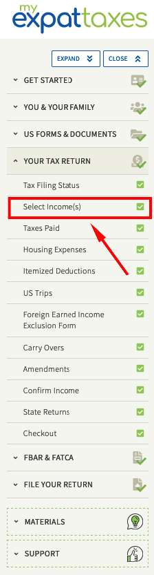 select types of income feature myexpattaxes