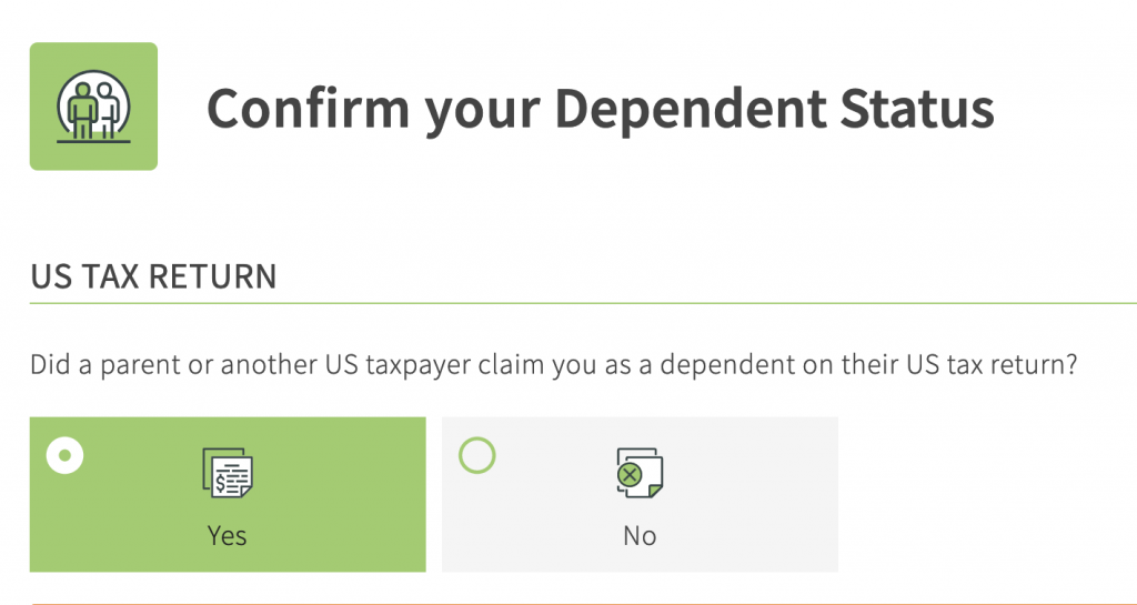 A screenshot of the Dependent Status page within the MyExpatTaxes application, showing the correction needed to resolve this error message from the IRS.